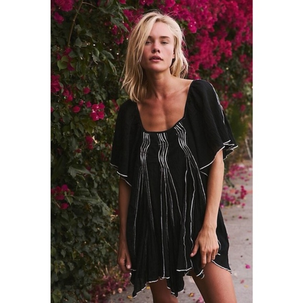 Free People Black Tunic Dress with White Embroidery